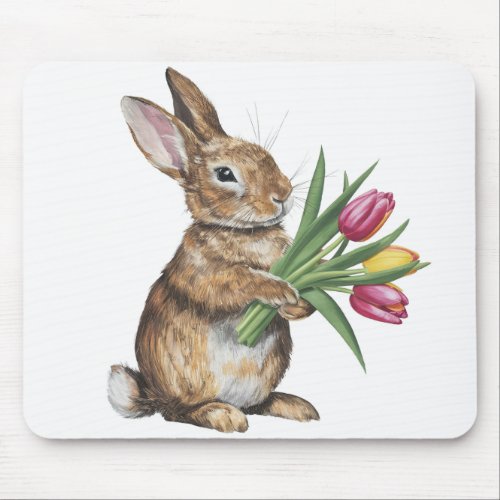 Bunny With Tulip Bouquet Mouse Pad