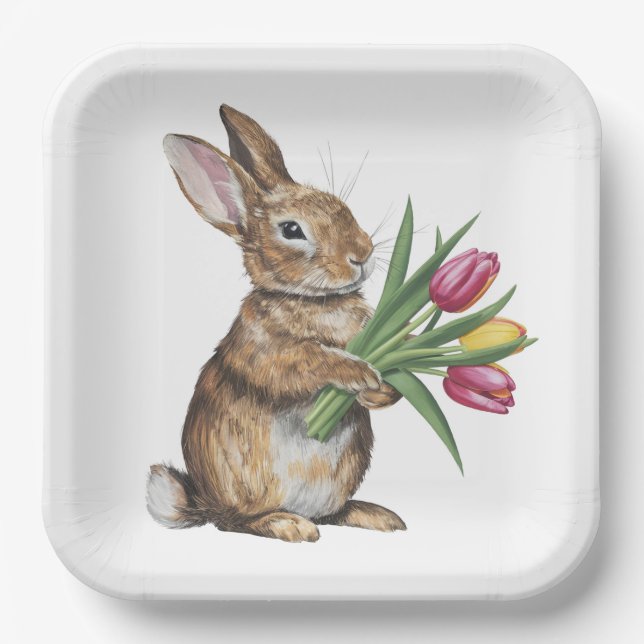 Bunny With Tulip Bouquet Paper Plates (Front)