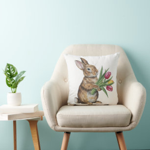 Bunny With Tulip Bouquet Throw Pillow