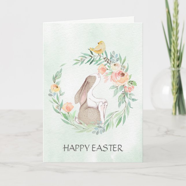 Bunny with Watercolor Wreath Easter Card (Front)