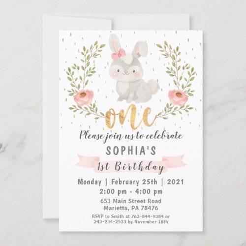 Bunny Woodland Wild One Birthday Party Invitation