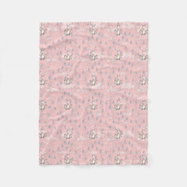Bunny Wreath Clouds & Raindrops -Pink Fleece Blanket (Front)