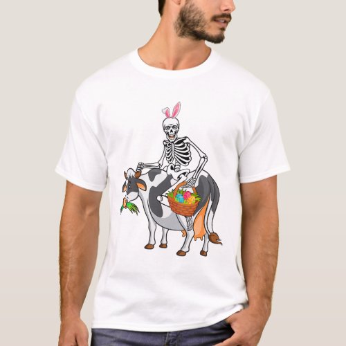 Bunny Xray Skeleton Riding Cow With Easter Eggs Ba T_Shirt