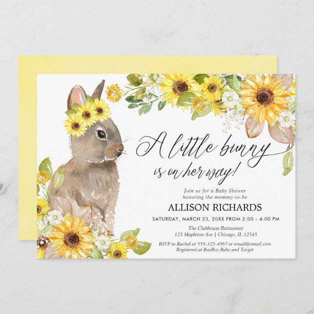Bunny yellow sunflowers cute girl baby shower invitation (Front/Back)