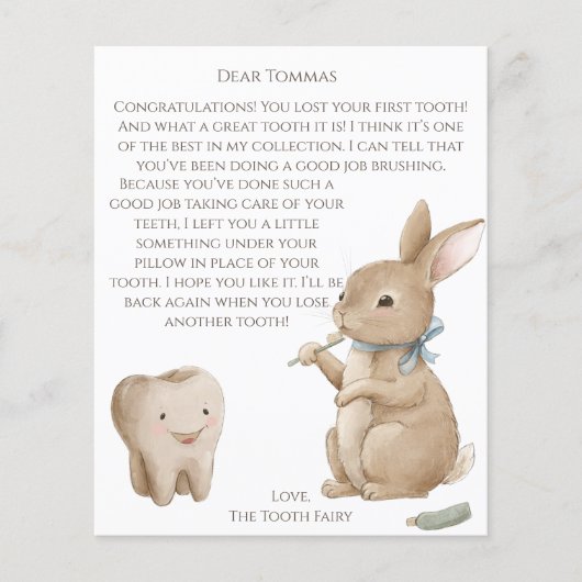 Bunny's boy First Tooth Fairy Letter (Front)