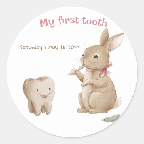 Bunnys girl First Tooth Party Classic Round Sticker