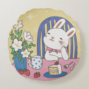 Bunny's Tea Time Illustration Round Pillow
