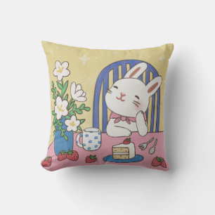 Bunny's Tea Time Illustration Throw Pillow