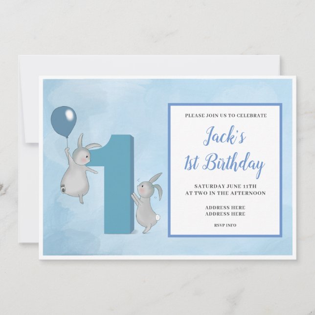 Bunny's with Balloon - 1st Birthday - Blue Invitation (Front)