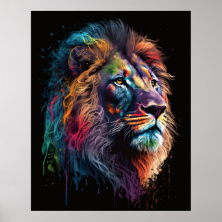 Bunter Löwenkopf mit Farbtropfen  Poster