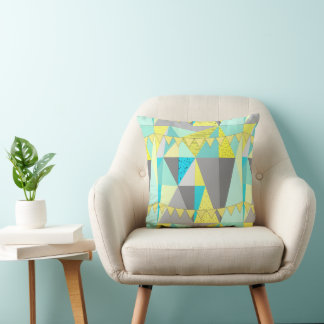 Bunting Aqua Yellow Gray Abstract Triangle Pattern Throw Pillow