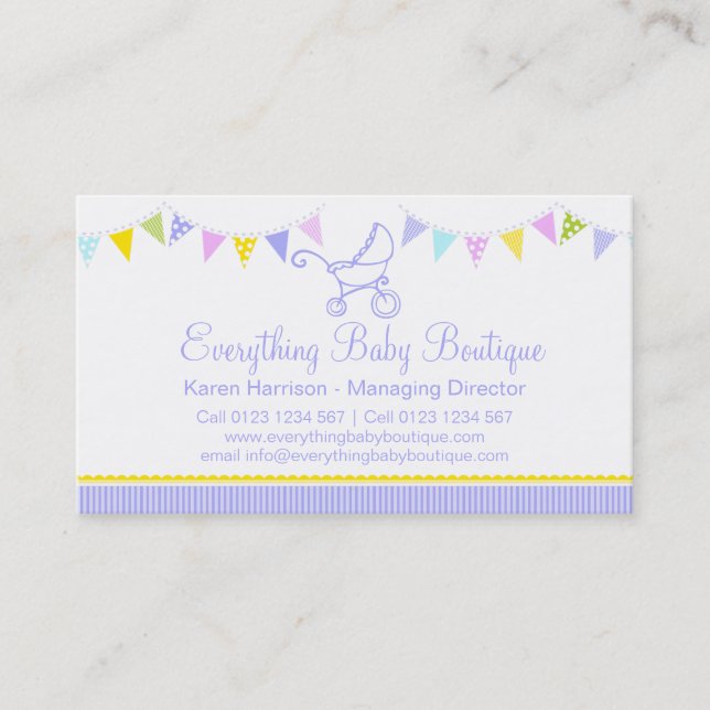 Bunting baby boutique purple business cards (Front)