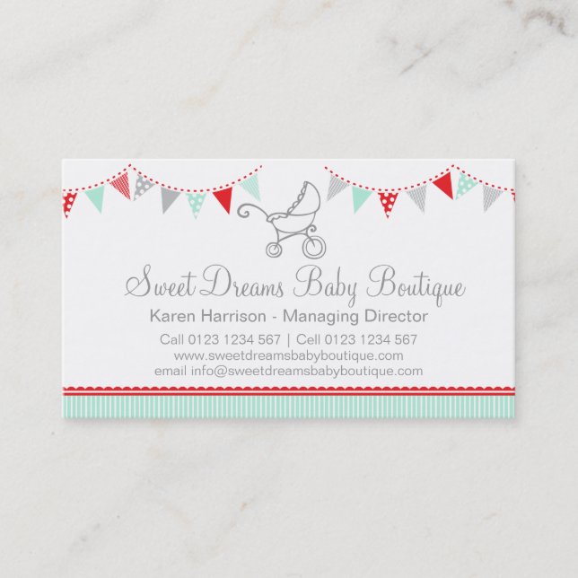 Bunting baby boutique red grey cute business cards (Front)