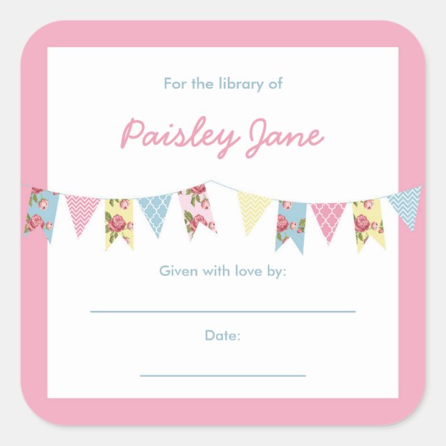 Bunting Banner Girl Baby Shower Bookplates (Front)
