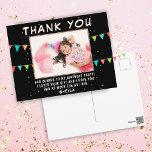 Bunting Flag Birthday Photo Thank you  Postcard<br><div class="desc">Cute bunting flags pink birthday photo thank you postcard. Thank your guest for coming to your child`s birthday party! The design has colorful birthday party bunting flags and a photo in a frame on a black background with white spots - insert your photo into the template. Change the thank you...</div>
