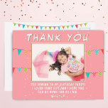 Bunting Flag Birthday Photo Thank you Postcard<br><div class="desc">Cute bunting flags pink birthday photo thank you postcard. Thank your guest for coming to your child`s birthday party! The design has colorful birthday party bunting flags and a photo in a frame on a pink background with white spots - insert your photo into the template. Change the thank you...</div>