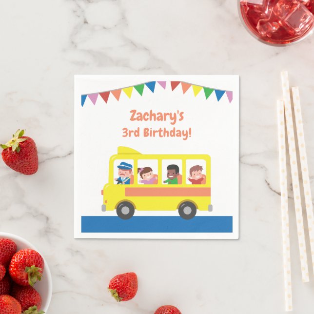 Bunting Flag Yellow School Bus Kids Birthday Party Napkins (Insitu)