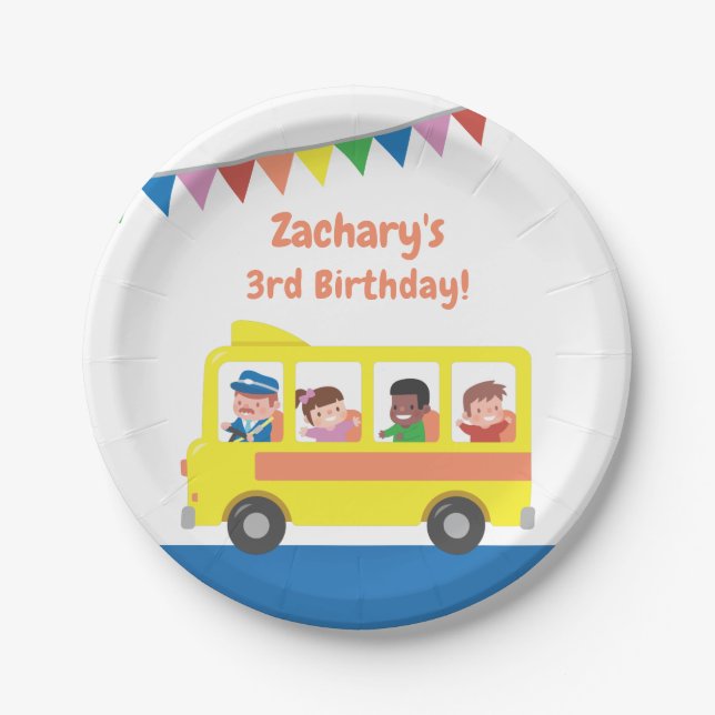 Bunting Flag Yellow School Bus Kids Birthday Party Paper Plates (Front)
