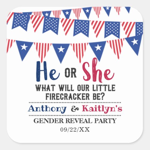 Bunting Flags 4th Of July Gender Reveal Party Square Sticker
