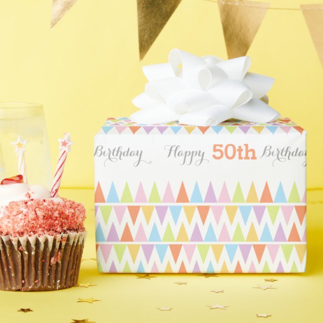 Bunting flags white birthday age 50 patterned wrap wrapping paper (Birthday Party)
