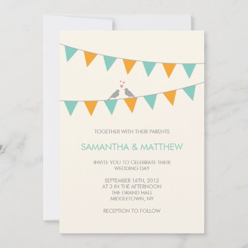 Bunting Love Birds Wedding Invitation Blue Orange