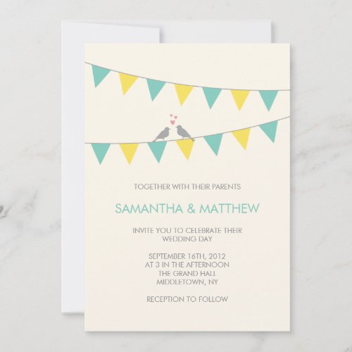 Bunting Love Birds Wedding Invitation  Blue Yellow