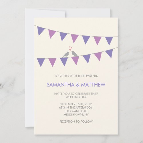 Bunting Love Birds Wedding Invitation Purple