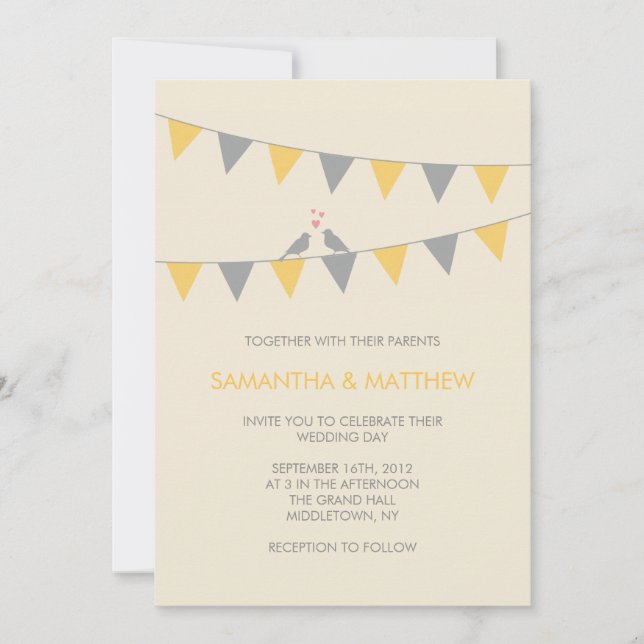 Bunting Love Birds Wedding Invitation - Yellow (Front)