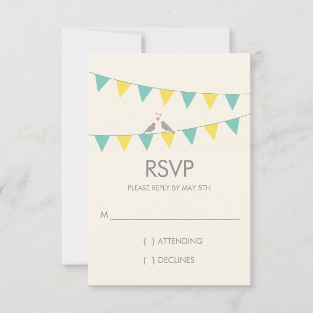 Bunting Love Birds Wedding RSVP - Blue Yellow (Front)