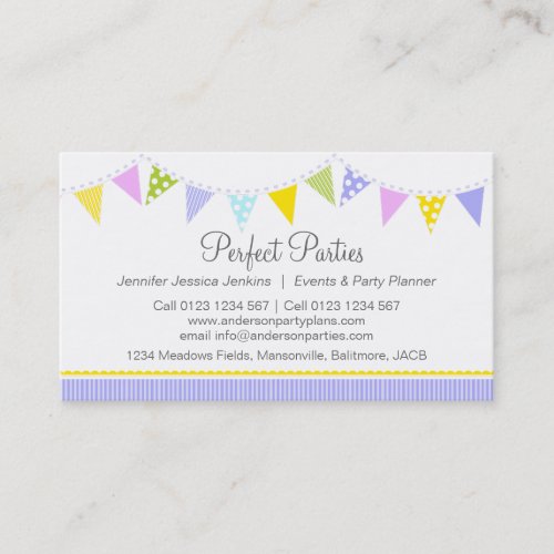 Bunting party event planning purple business cards
