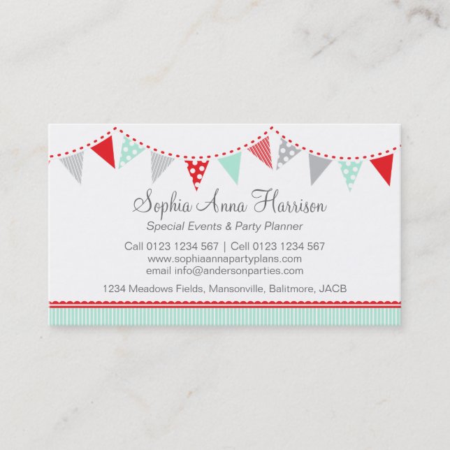 Bunting party events planning business cards (Front)