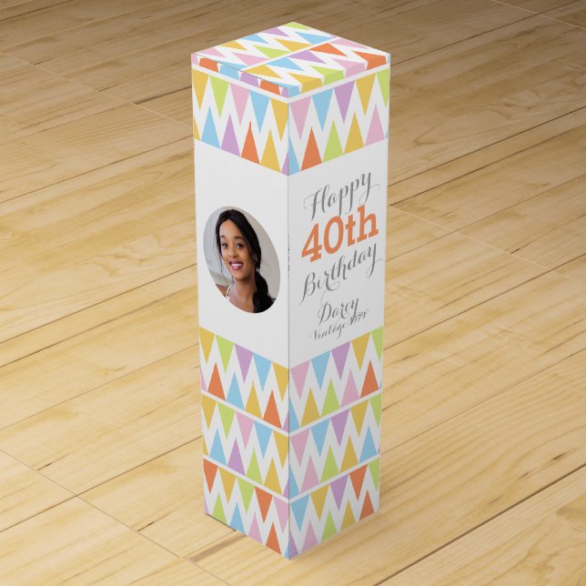Bunting pattern photo name 40th birthday wine box (Back)