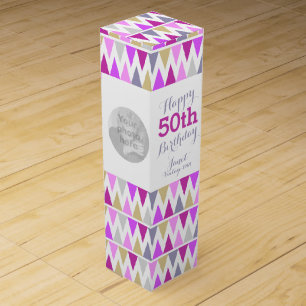 Bunting pattern photo name 50th birthday wine box