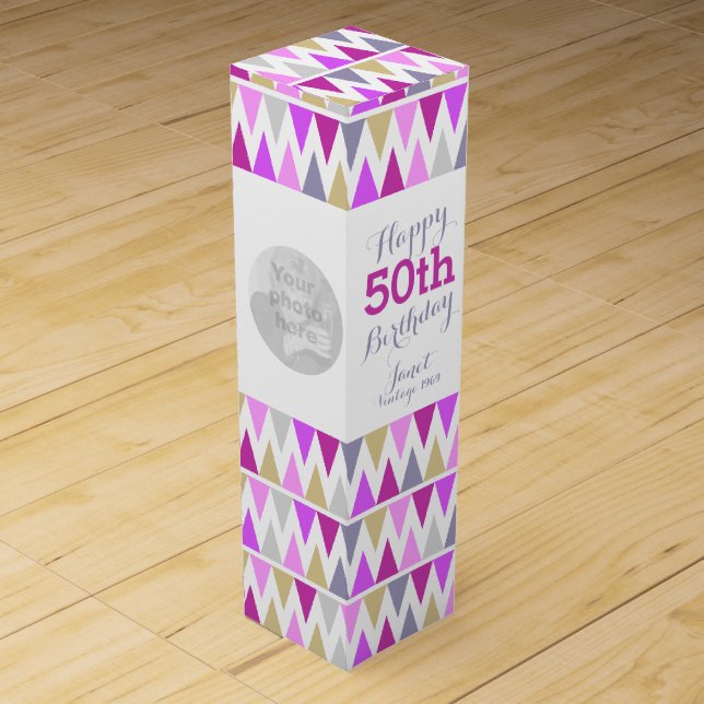 Bunting pattern photo name 50th birthday wine box (Front)