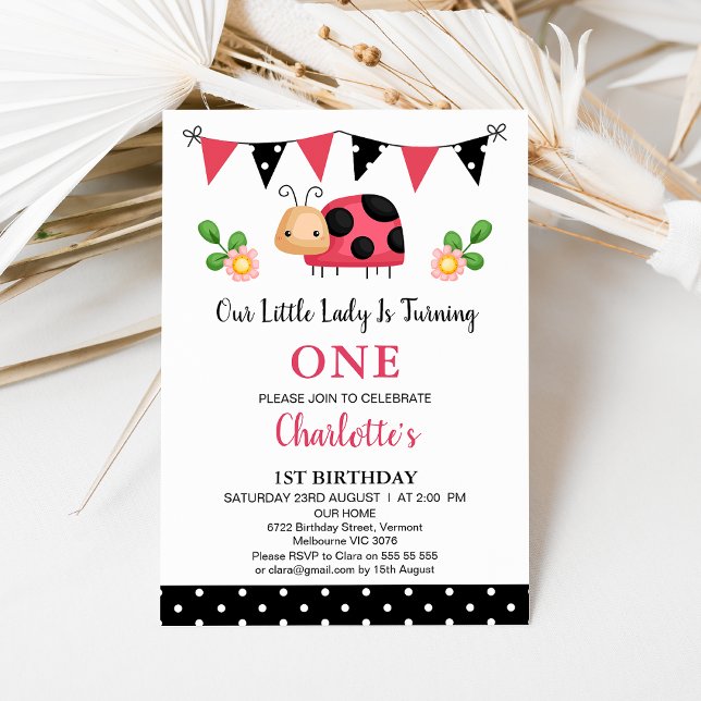 Bunting Red Black Our Little Ladybug 1st Birthday Invitation (Polka Dots Ladybug Birthday Invitation Template Girl, Ladybug Themed 1st Birthday Invitation Bunting)