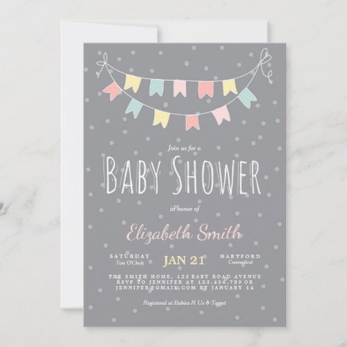 Buntings Baby Shower Invitation Grey Pink Mint