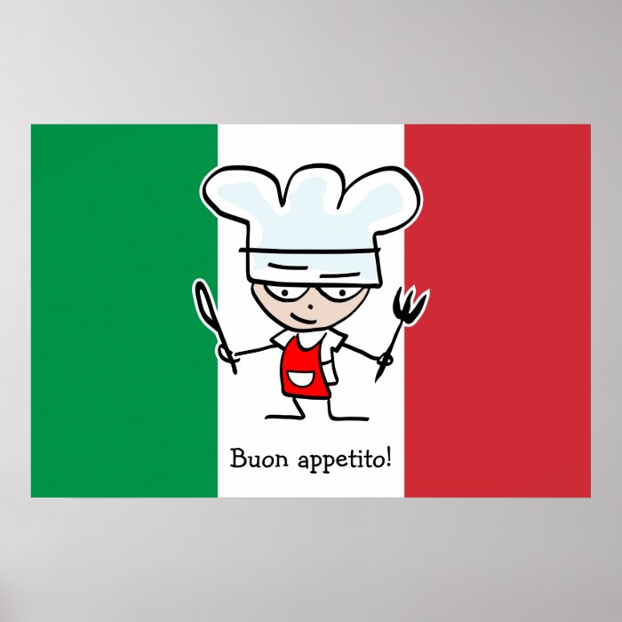 Buon Appetito poster with cartoon on italian flag