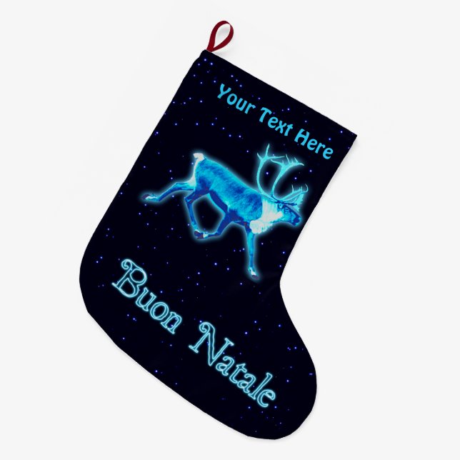 Buon Natale - Blue Caribou (Reindeer) Large Christmas Stocking (Front (Hanging))