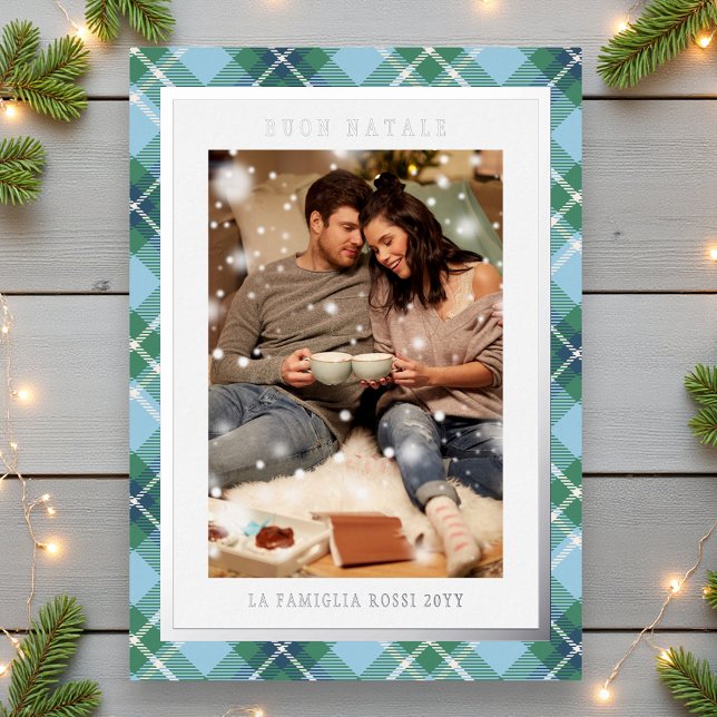 Buon Natale Blue Green Plaid Tartan Photo Foil Holiday Card (Creator Uploaded)