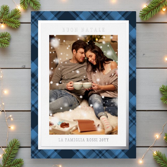 Buon Natale Blue Plaid Tartan Photo Foil Holiday Card (Creator Uploaded)