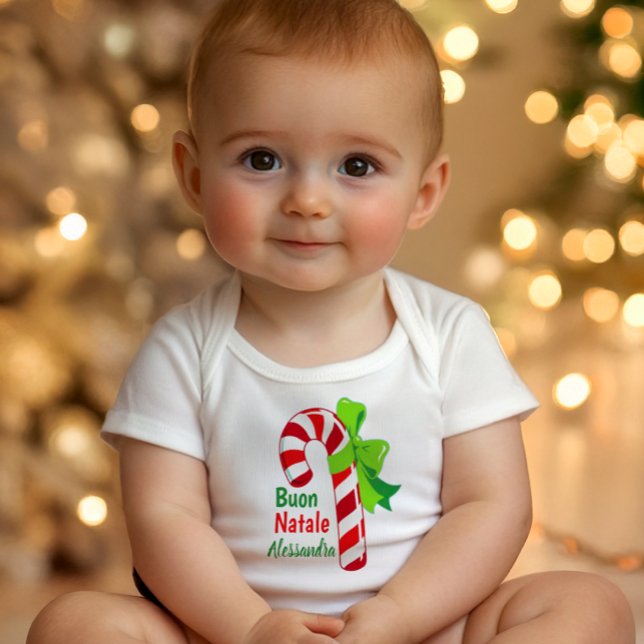 Buon Natale Candy Cane - Italian Merry Christmas Baby Bodysuit (White baby bodysuit with candy cane tied in green bow, festive Italian Merry Christmas design for in)