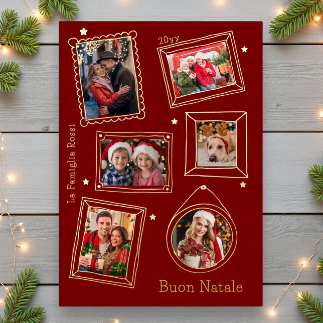 Buon Natale Doodle Frame Multi Photo Foil Holiday Card (Creator Uploaded)