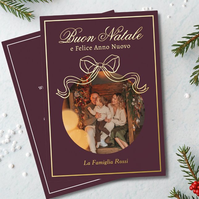 Buon Natale e Felice Anno Nuovo Coquette Bow Photo Foil Holiday Card (Creator Uploaded)