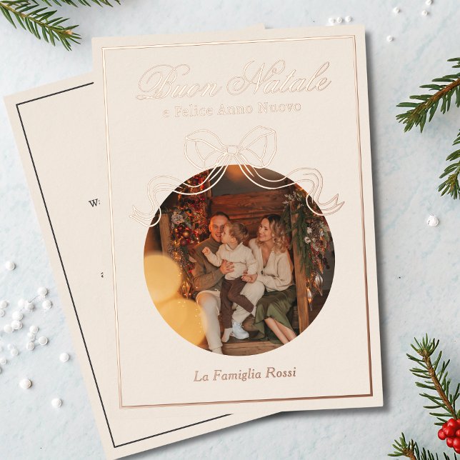 Buon Natale e Felice Anno Nuovo Coquette Bow Photo Foil Holiday Card (Creator Uploaded)