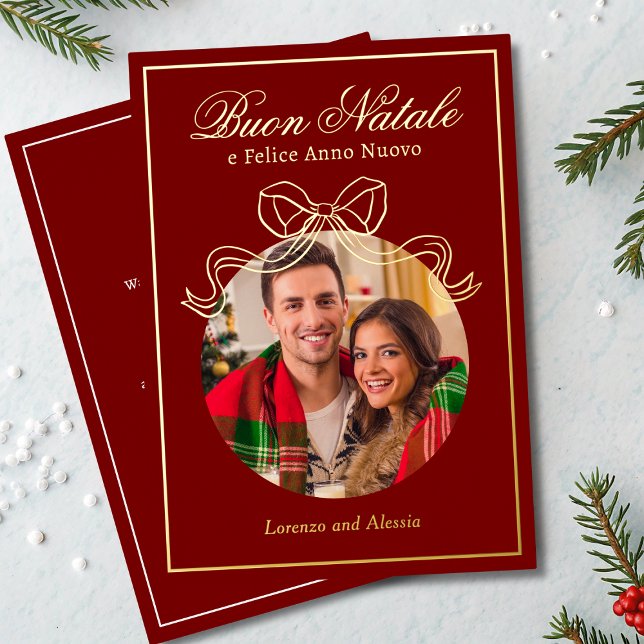 Buon Natale e Felice Anno Nuovo Coquette Bow Photo Foil Holiday Card (Creator Uploaded)