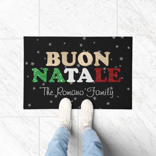 Buon Natale Family Name Italian Christmas on Black Doormat