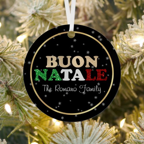 Buon Natale Family Name Italian Christmas on Black Metal Ornament