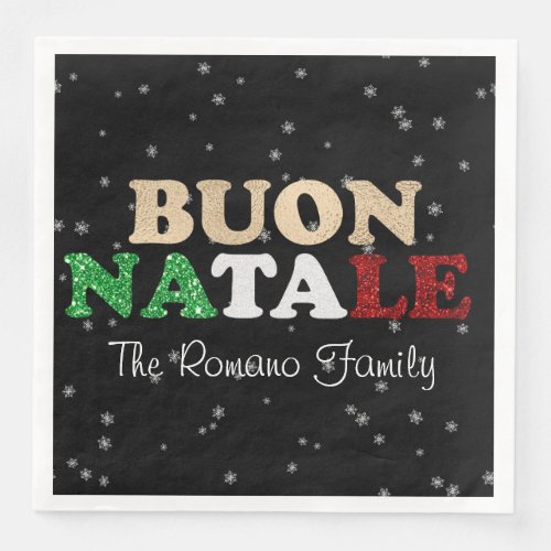 Buon Natale Family Name Italian Christmas on Black Paper Dinner Napkins