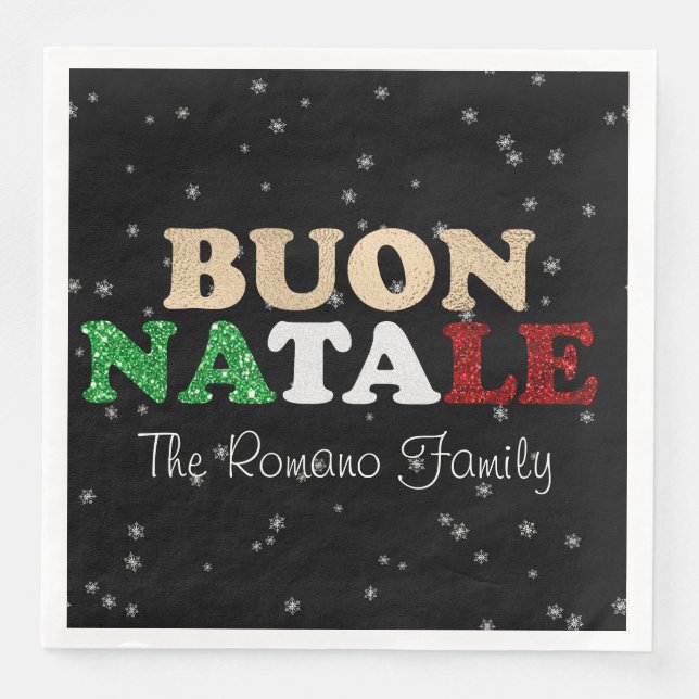 Buon Natale Family Name Italian Christmas on Black Paper Dinner Napkins (Front)