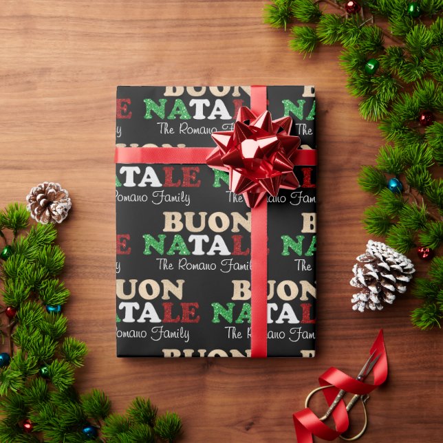 Buon Natale Family Name Italian Christmas on Black Wrapping Paper (Holiday Gift)